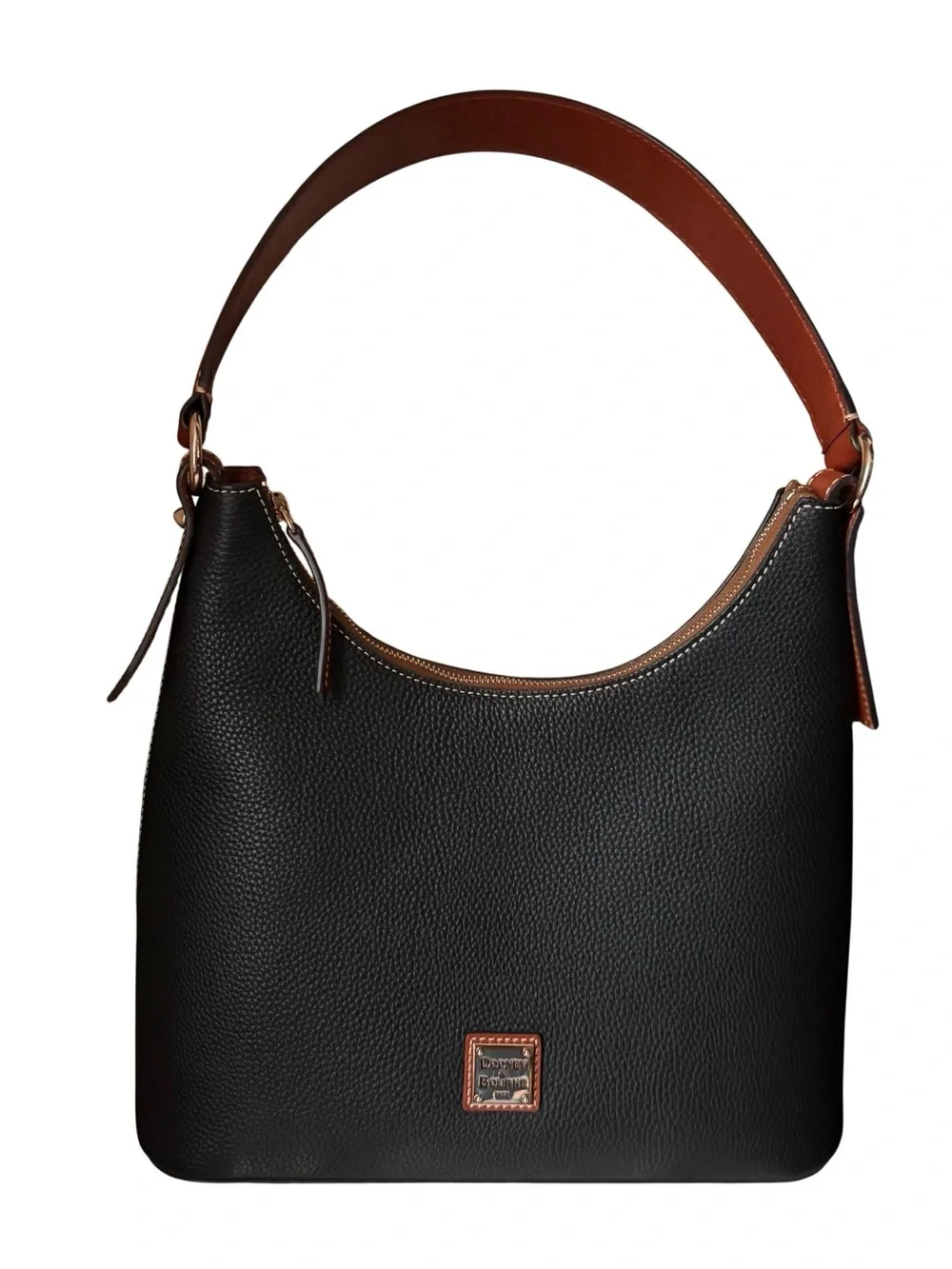Dooney & Bourke Black Pebbled Leather Shoulder Bag with Brown Trim